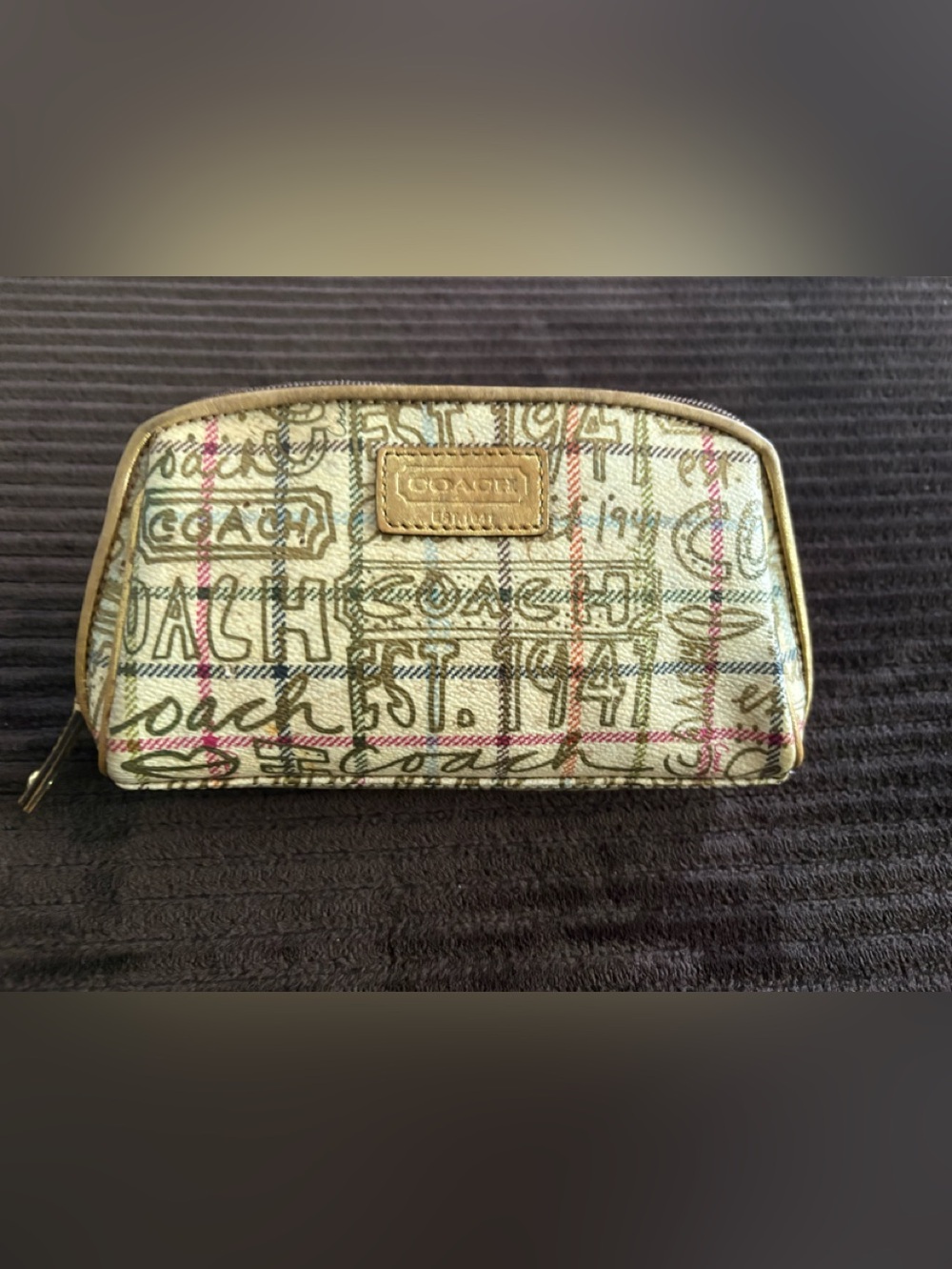 Coach Multicolor Plaid Script Cosmetic Pouch with Tan Trim